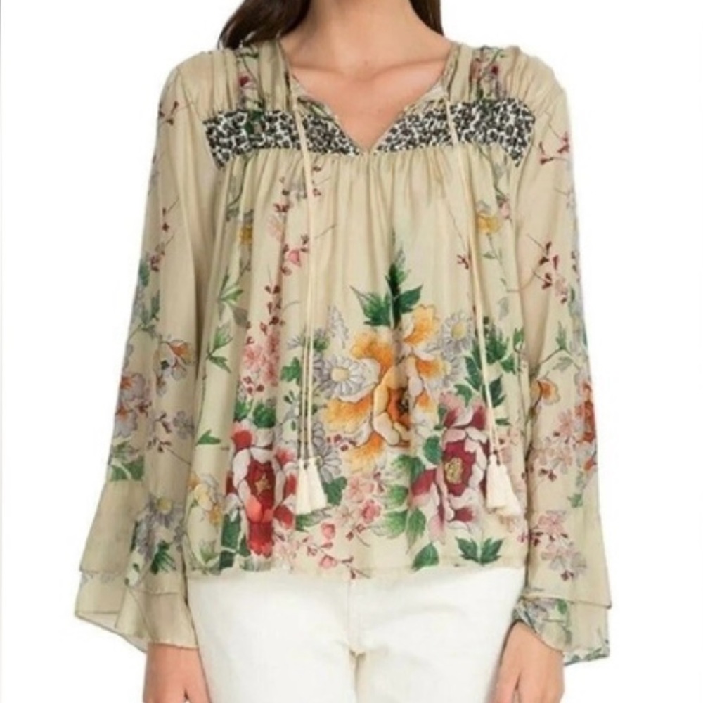 Johnny Was Beige Floral Blouse with Vibrant Accents